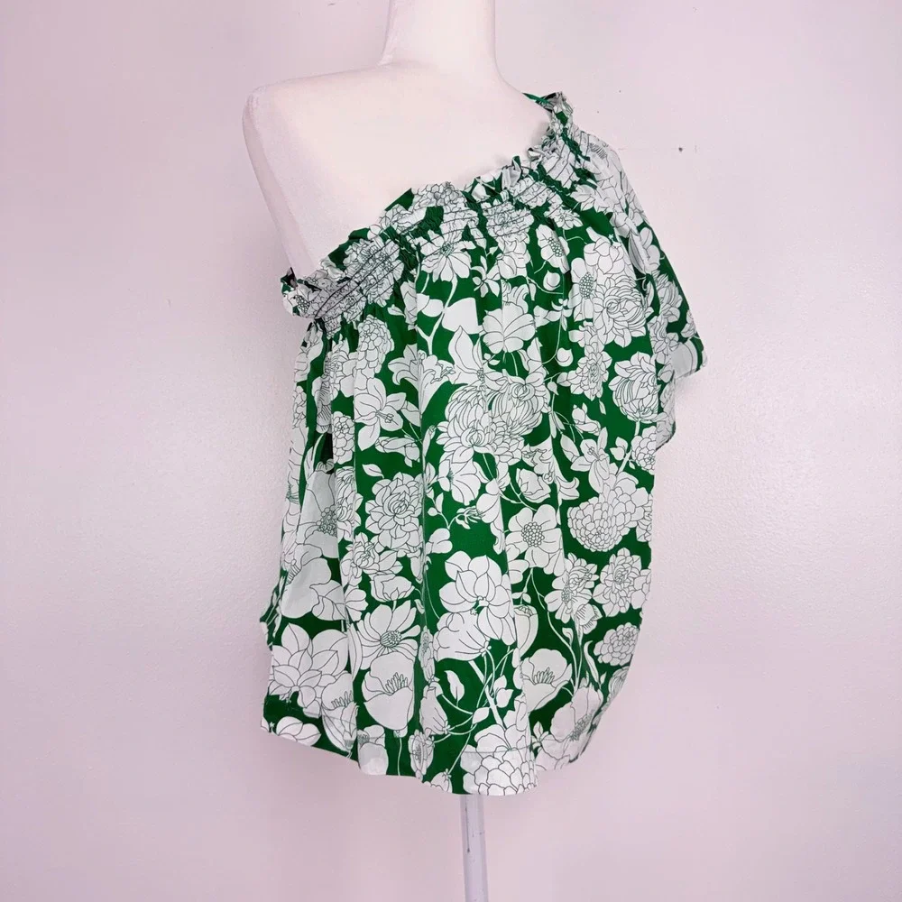 J.Crew One Shoulder Floral Top L Kelly Green Smocked Cotton Poplin Cottagecore - Picture 4 of 14